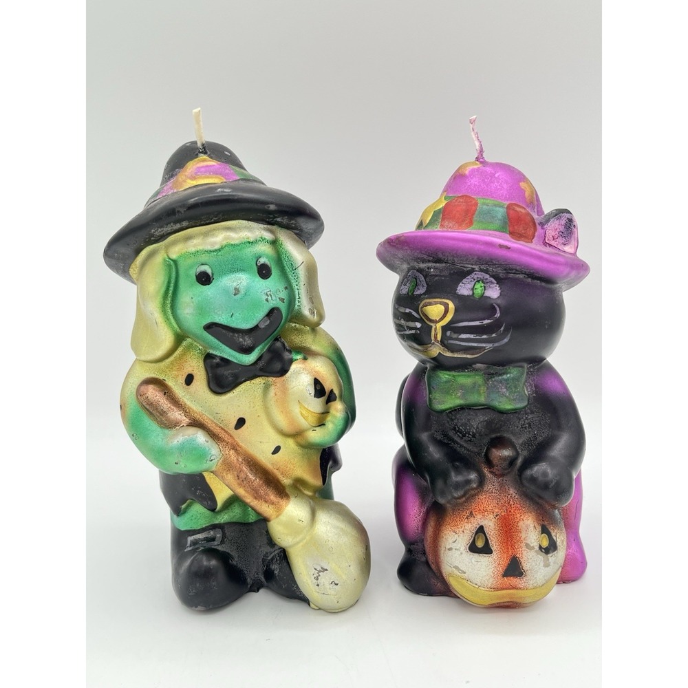 Vintage Halloween Witch Black Cat Metallic Figural Candles Pumpkin Lot of 2 6.5"